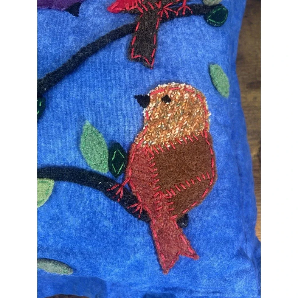 Handmade Blue Bird Pillow Cover Folk Art Throw Cushion 17x17 Removable Case